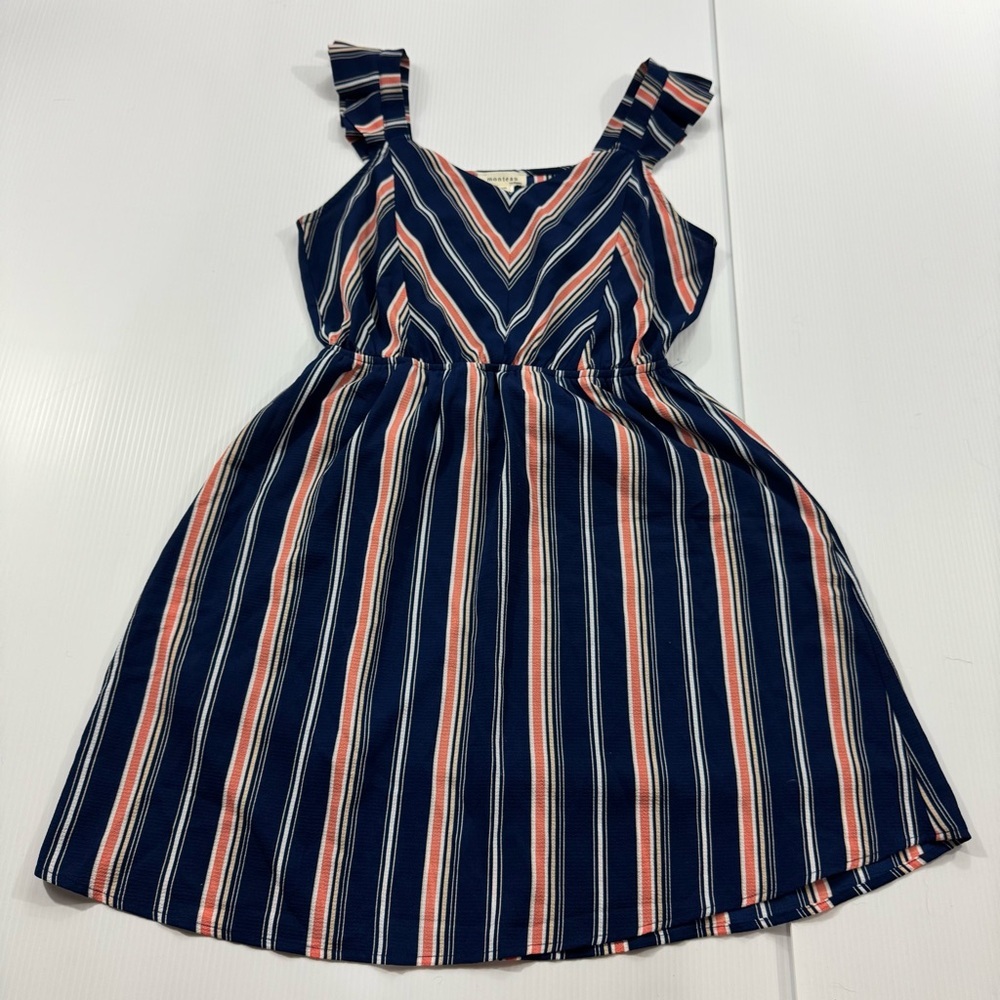 B71. Women’s Monteau Dress with Navy and Coral Stripes (L)
